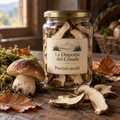 Barattolo di porcini secchi La Dispensa del Crinale con un porcino fresco e muschio