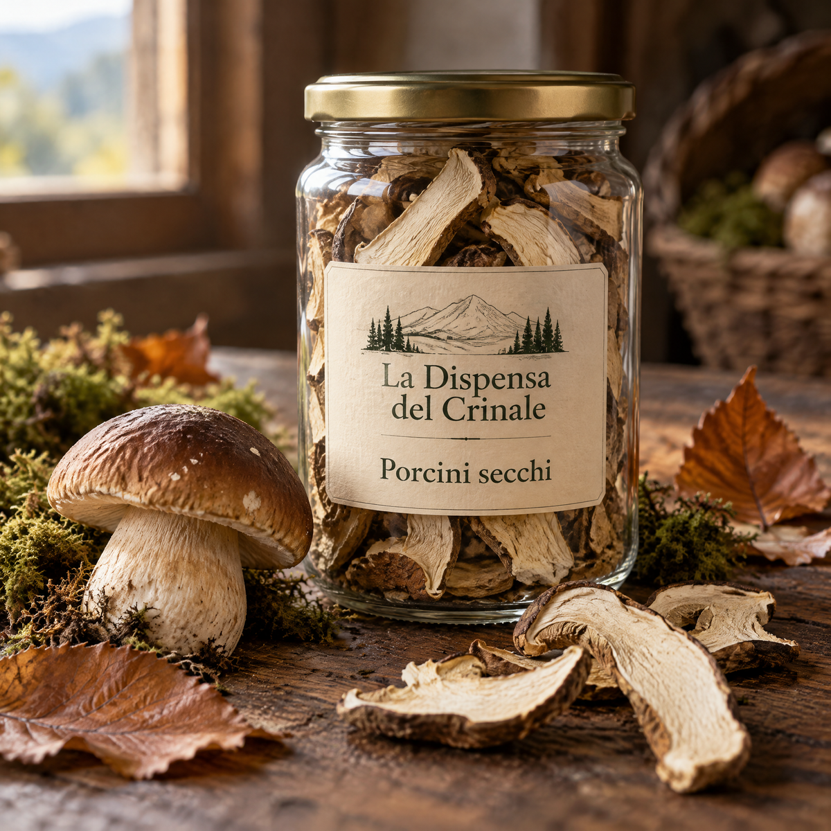 Barattolo di porcini secchi La Dispensa del Crinale con un porcino fresco e muschio