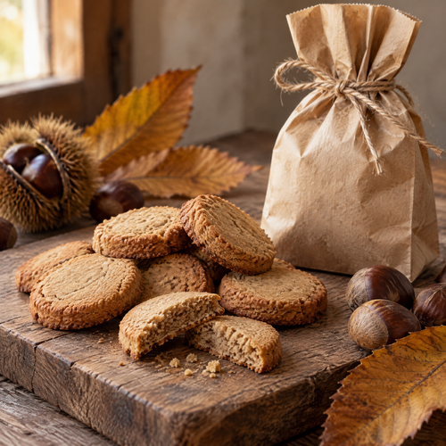 Biscotti con farina di castagne su un tagliere di castagno, accanto a un sacchetto di carta