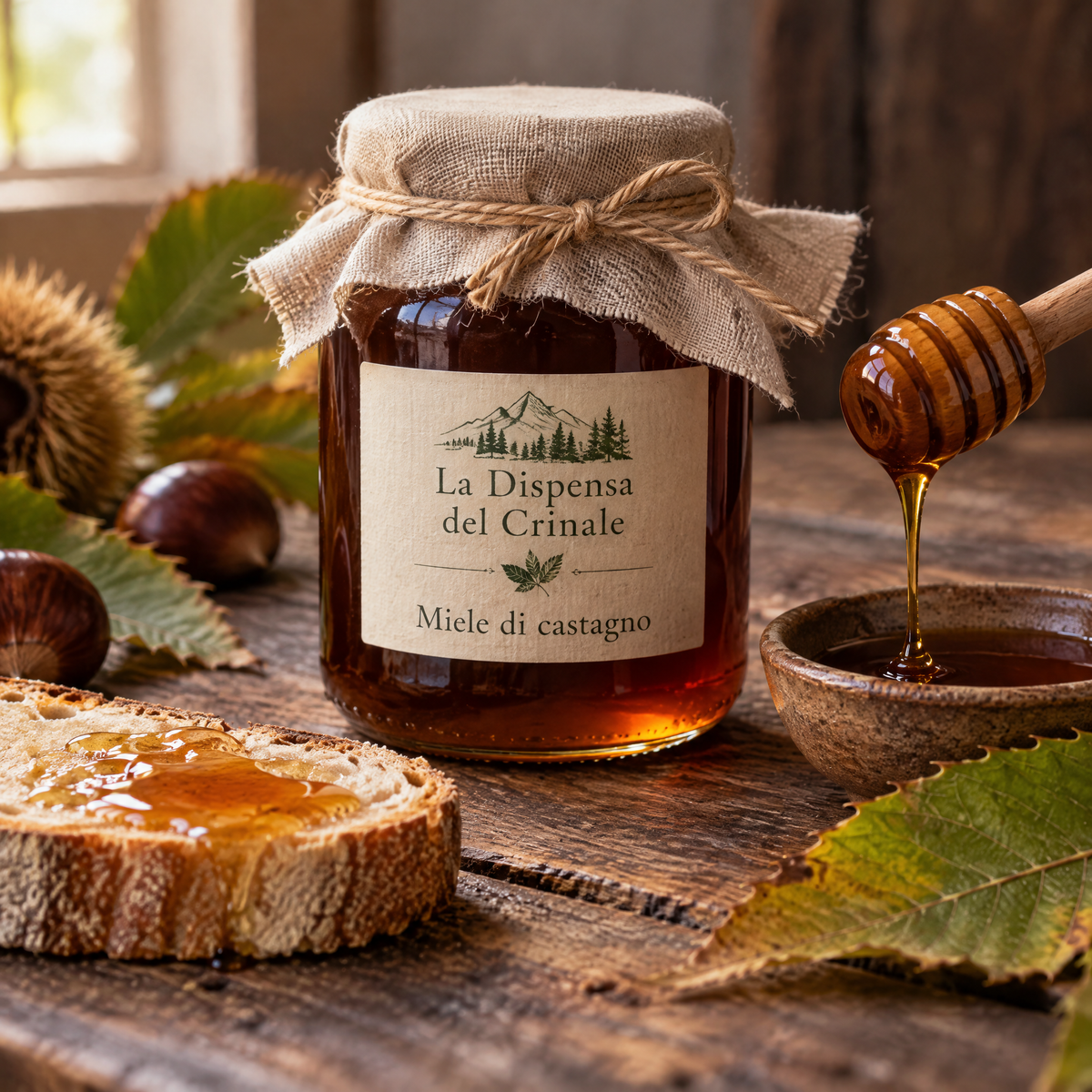 Barattolo di miele di castagno La Dispensa del Crinale con pane e foglie di castagno