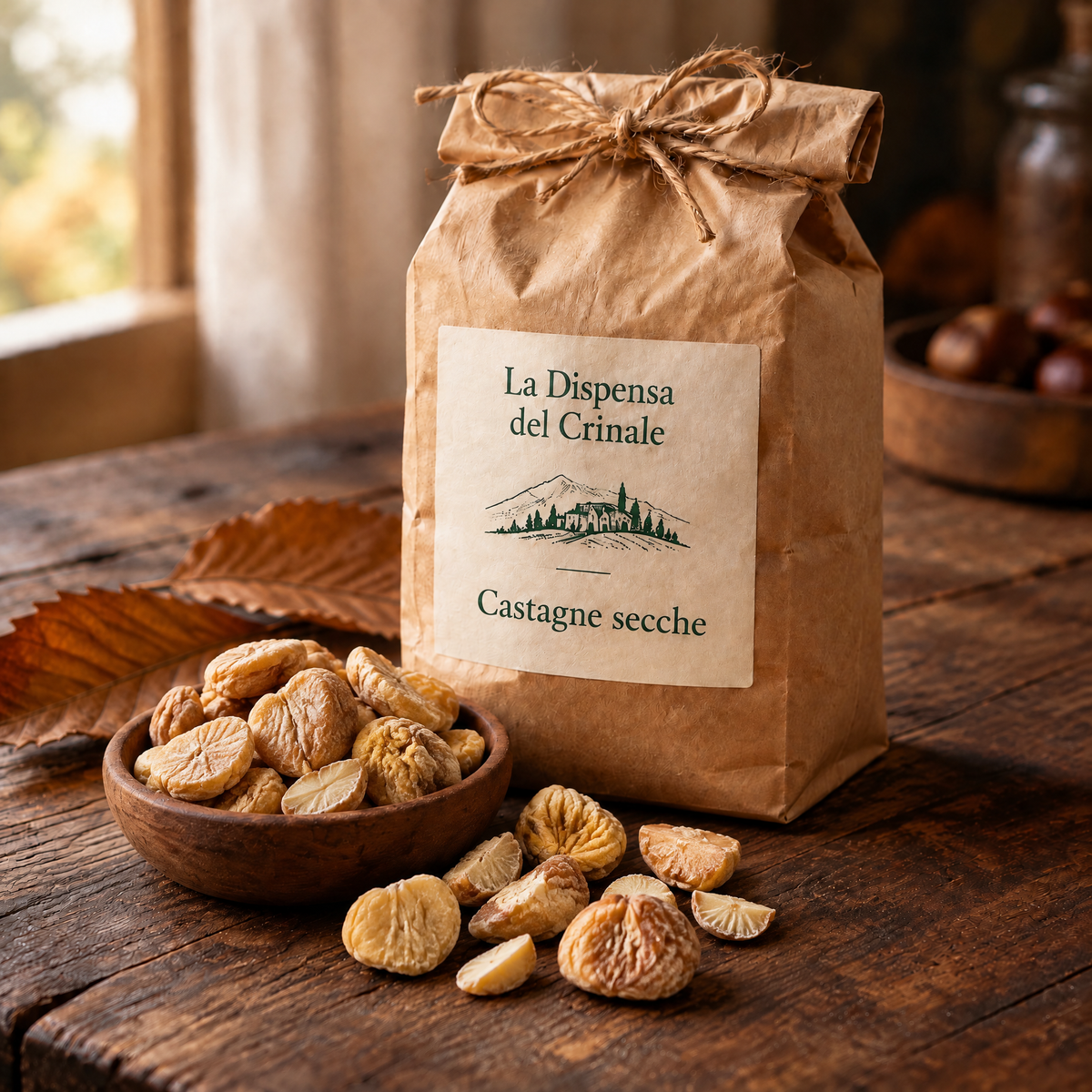 Castagne secche La Dispensa del Crinale in sacchetto di carta e ciotola di legno